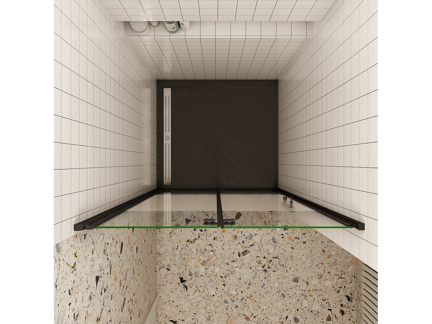 76x185cm Douchedeur vouwdeur, niche douchedeur, 6mm nano veiligheidsglas,ondoorzichtige matte middenstrook,Mat Zwart Profiel