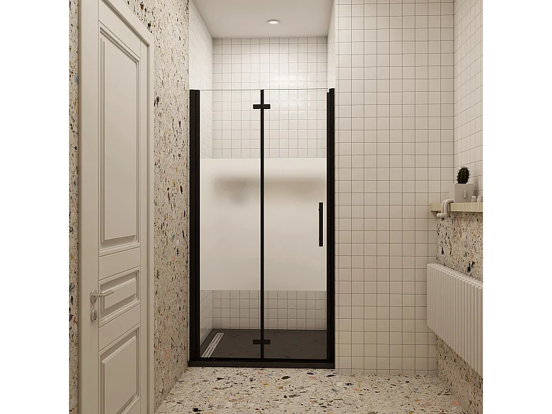 76x185cm Douchedeur vouwdeur, niche douchedeur, 6mm nano veiligheidsglas,ondoorzichtige matte middenstrook,Mat Zwart Profiel