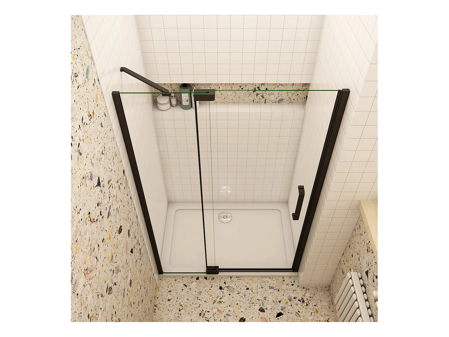 100x195cm Douchedeur,90° draaideur,8mm NANO veiligheidsglas,mat zwart