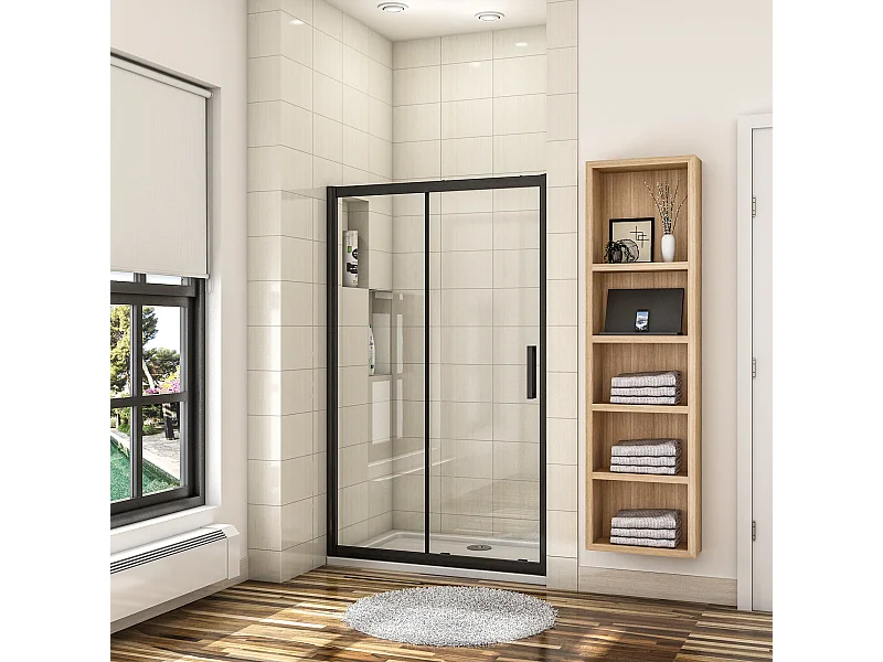 160x195 cm douchescherm,schuifdeur,douchedeur,8 mm NANO GLAS zwart,Met bufferstrook
