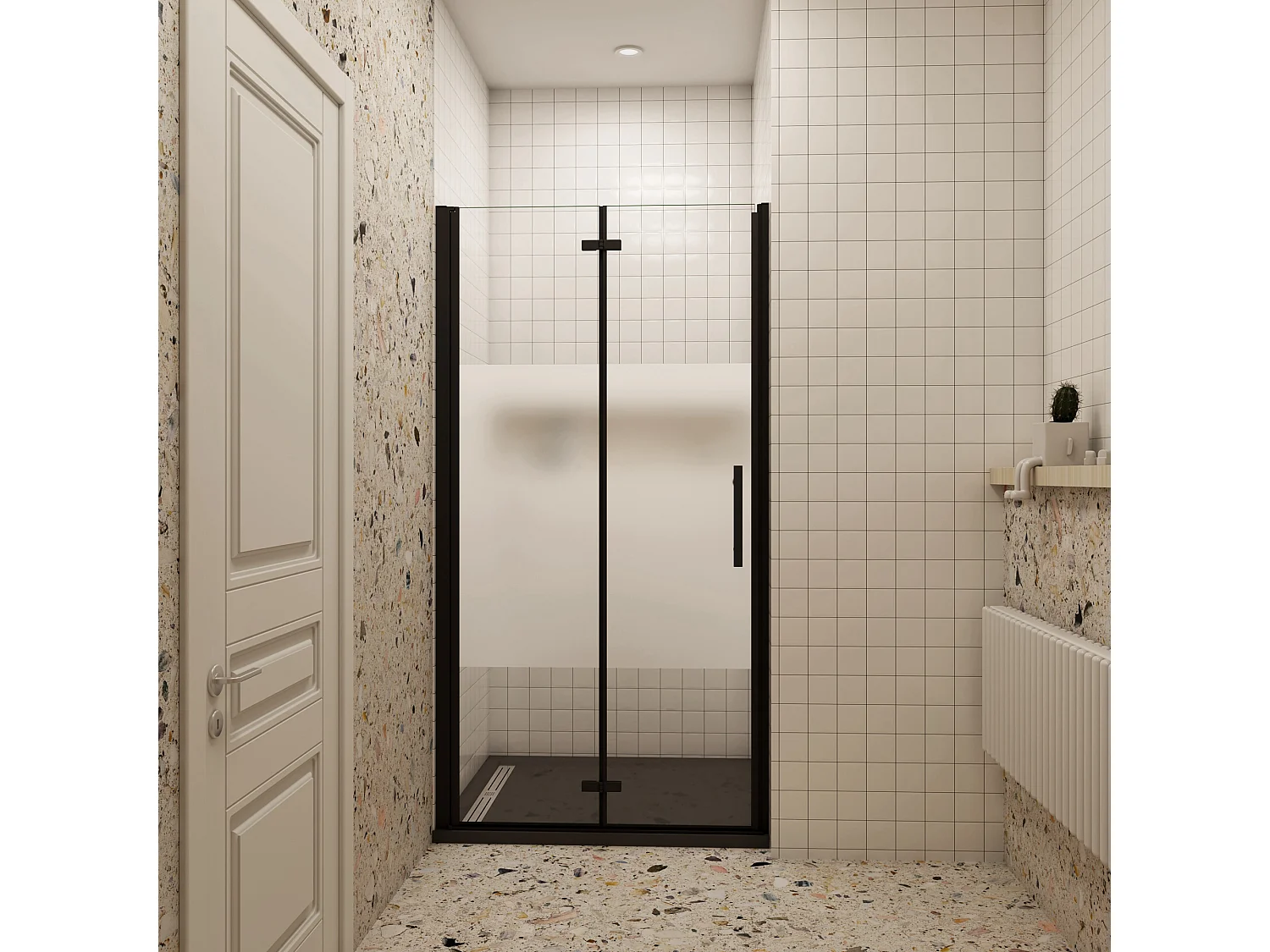 110x185cm Douchedeur vouwdeur, niche douchedeur, 6mm nano veiligheidsglas,ondoorzichtige matte middenstrook,Mat Zwart Profiel