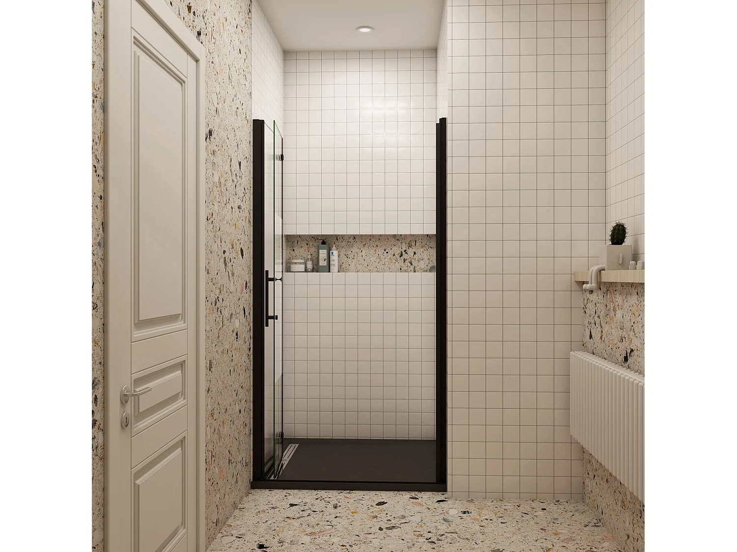 110x185cm Douchedeur vouwdeur, niche douchedeur, 6mm nano veiligheidsglas,ondoorzichtige matte middenstrook,Mat Zwart Profiel