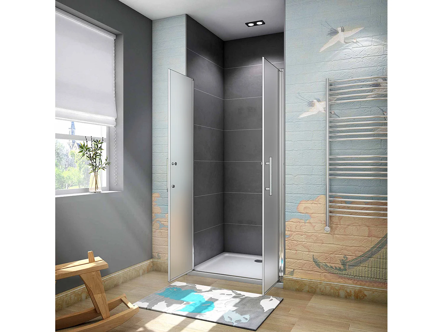 90x195cm Draaideur douchedeur, 6mm NANO veiligheidsglas ,glas is gelaagd met matte folie, profiel van glanzend chroom.