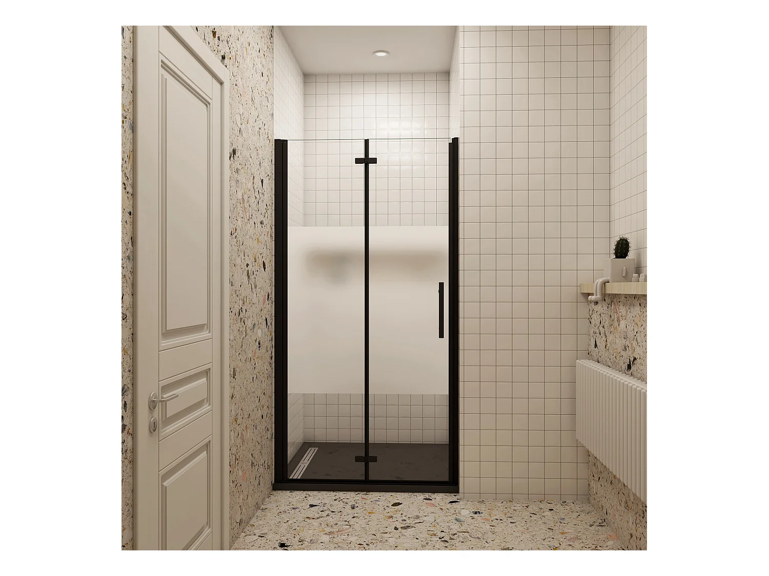 100x185cm Douchedeur vouwdeur, niche douchedeur, 6mm nano veiligheidsglas,ondoorzichtige matte middenstrook,Mat Zwart Profiel