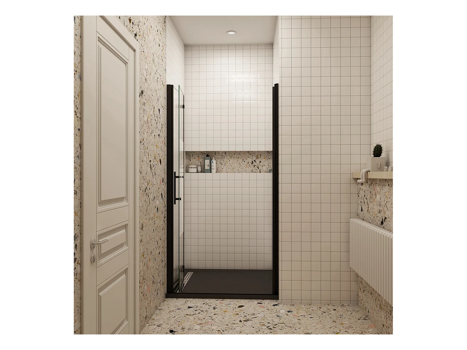 100x185cm Douchedeur vouwdeur, niche douchedeur, 6mm nano veiligheidsglas,ondoorzichtige matte middenstrook,Mat Zwart Profiel