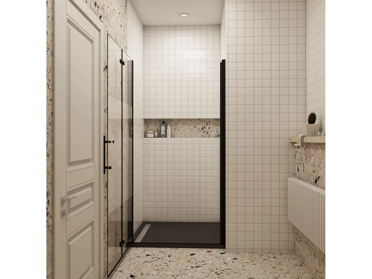 100x185cm Douchedeur vouwdeur, niche douchedeur, 6mm nano veiligheidsglas,ondoorzichtige matte middenstrook,Mat Zwart Profiel