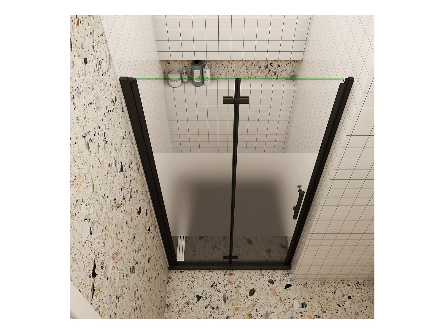 80x185cm Douchedeur vouwdeur, niche douchedeur, 6mm nano veiligheidsglas,ondoorzichtige matte middenstrook,Mat Zwart Profiel