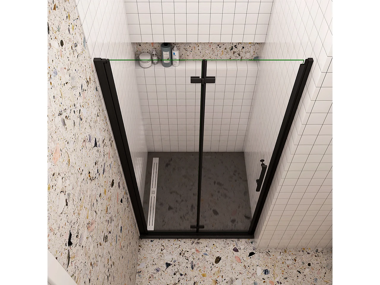 76x195cm Douchedeur vouwdeur,niche douchedeur,6mm Helder Veiligheidsglas Easyclean,Mat Zwart Profiel