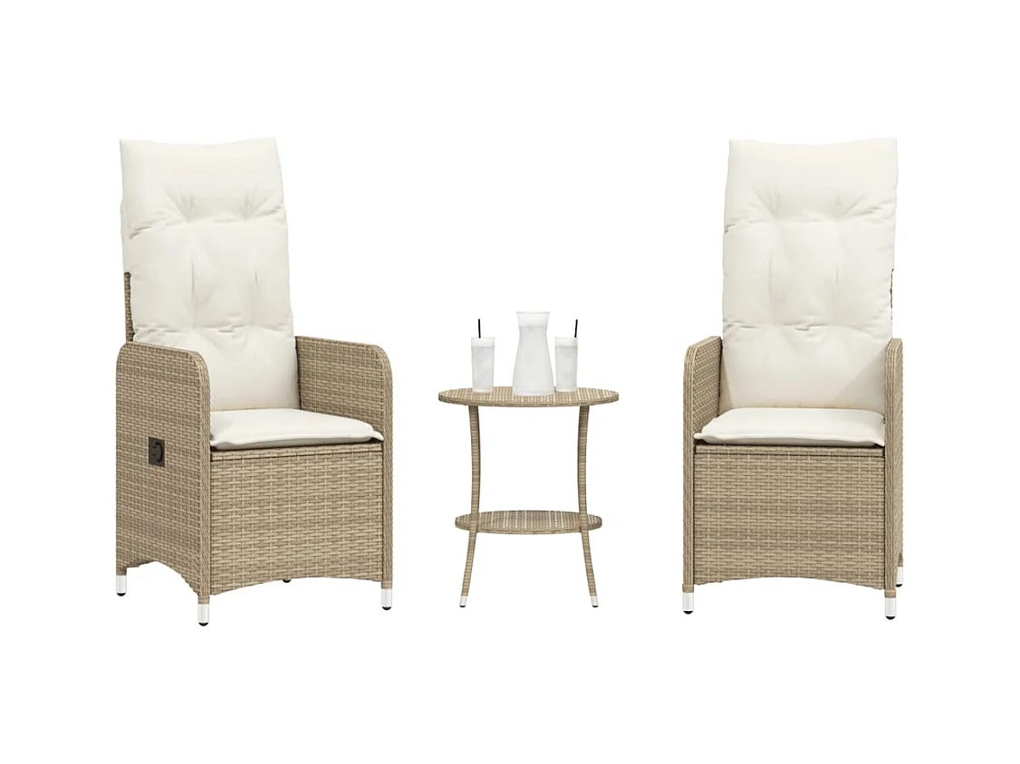 Chaises inclinables de jardin lot de 2 avec table beige rotin