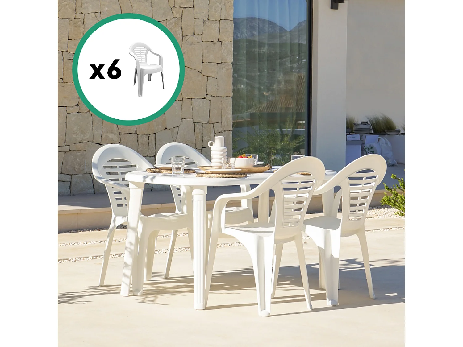 Buitenset wit 170x90x73cm + 6 stapelbare stoelen van gerecycled plastic