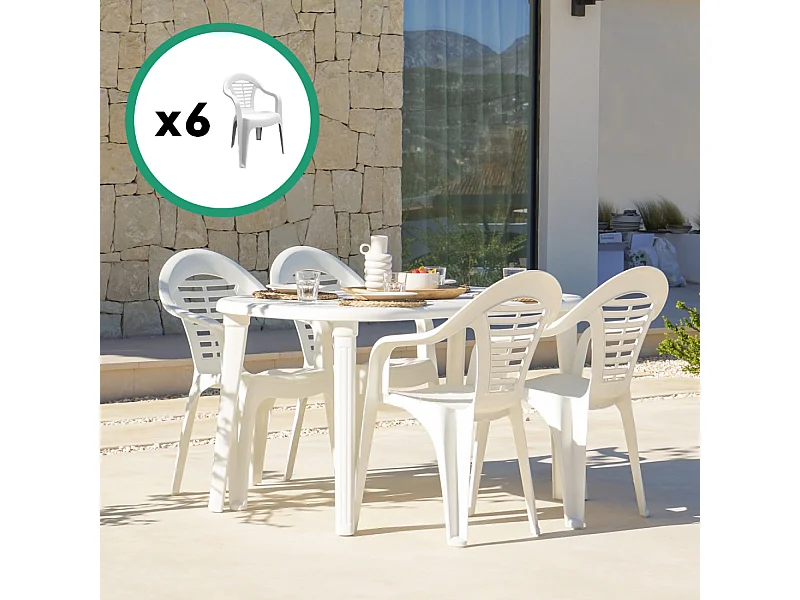 Buitenset wit 170x90x73cm + 6 stapelbare stoelen van gerecycled plastic