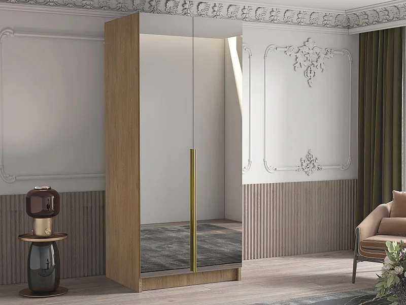 Armoire Closico 193, Clair bois|Doré, 215x100x58cm, Portes d'armoire: Avec des charnières