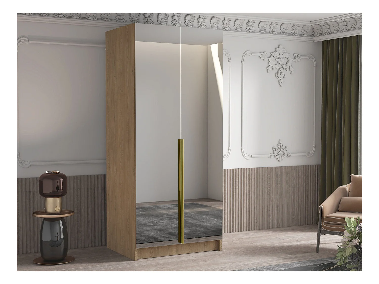 Armoire Closico 193, Clair bois|Doré, 215x100x58cm, Portes d'armoire: Avec des charnières