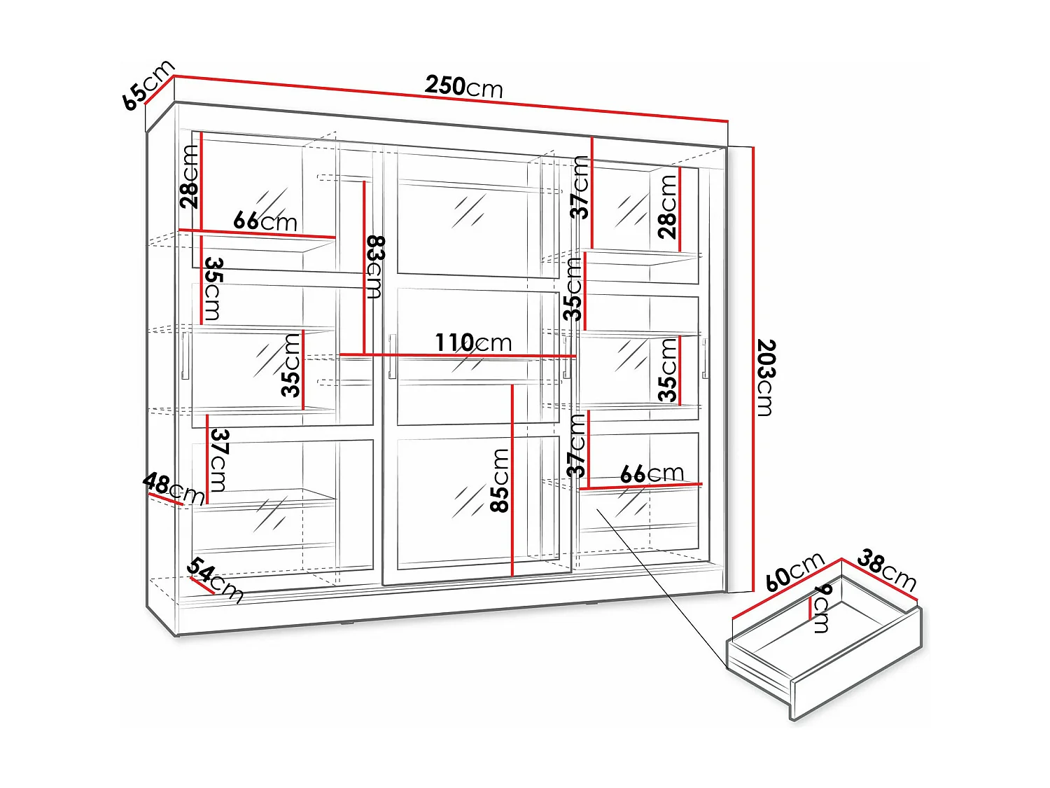 Armario Comfivo 428, Blanco, 203x250x65cm, Puertas de armario: Correderas
