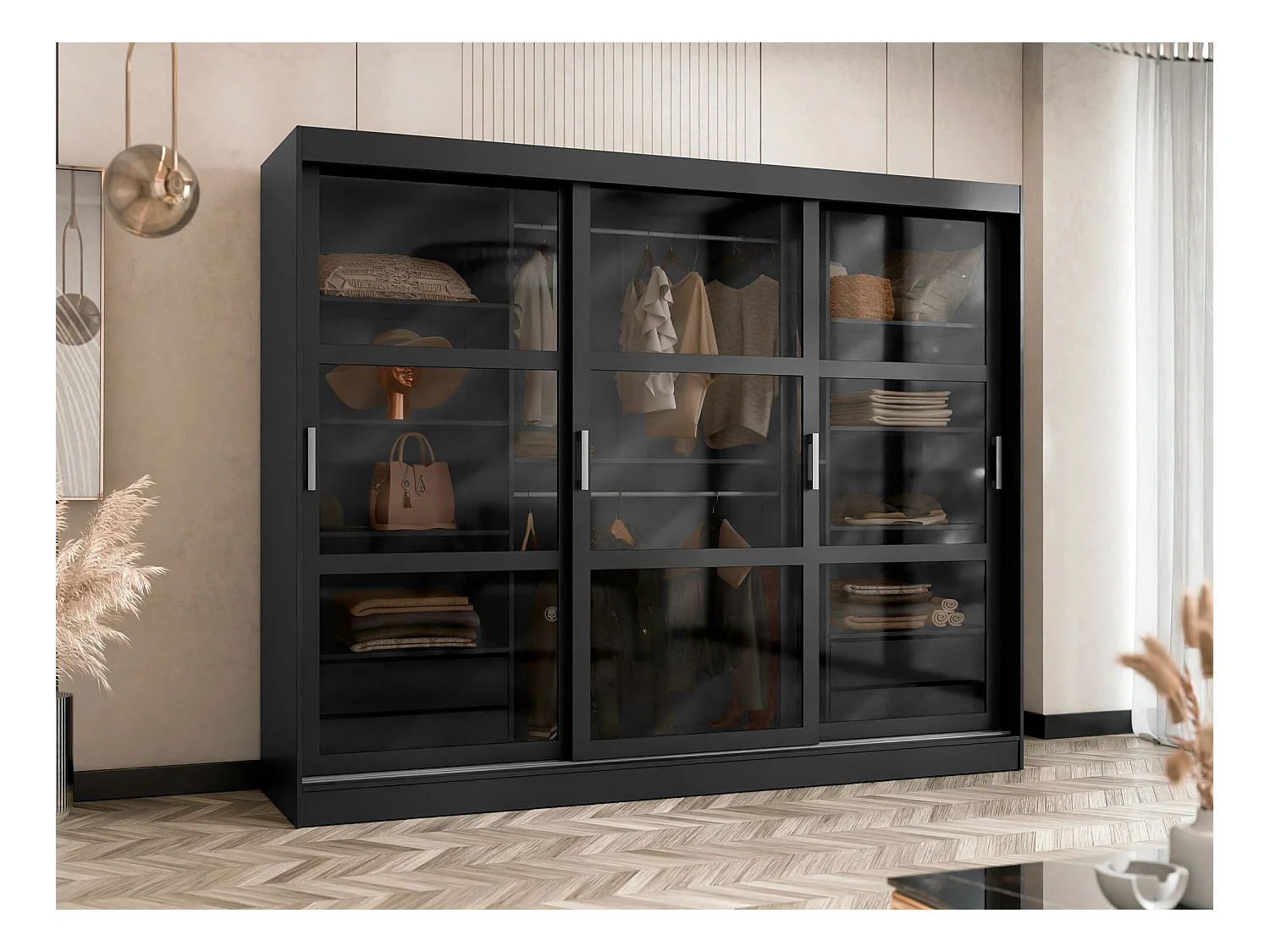 Armoire Comfivo 428, Noir, 203x250x65cm, Portes d'armoire: Coulissantes
