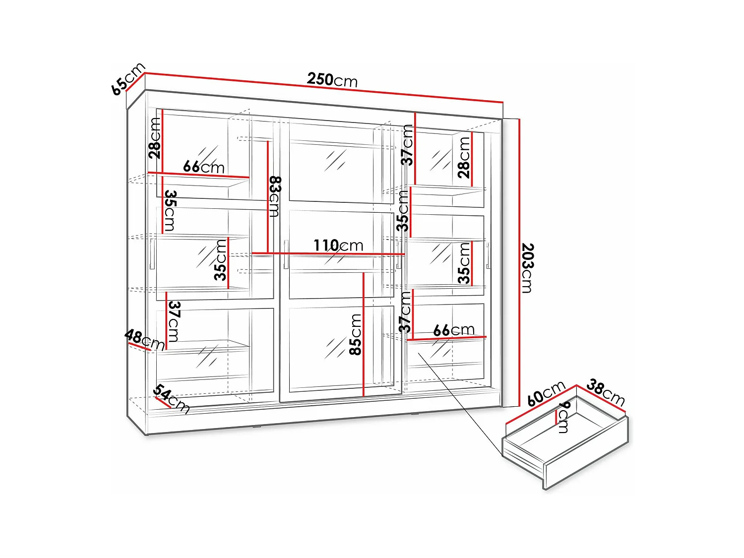 Armoire Comfivo 428, Noir, 203x250x65cm, Portes d'armoire: Coulissantes