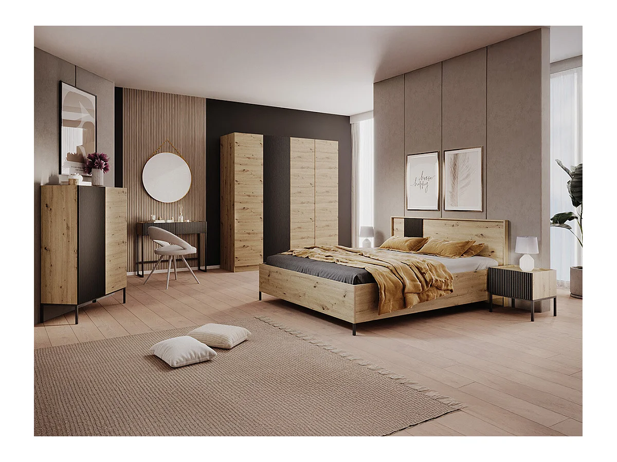 Armario Lunole 107, Negro|Roble Artisan, 220x205x55cm, Puertas de armario: Con bisagras