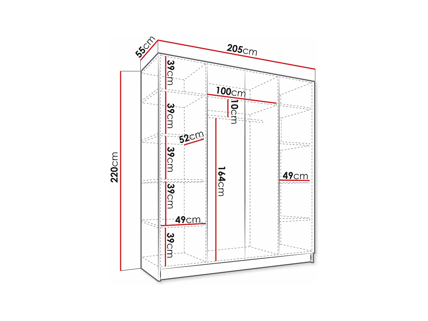 Armario Lunole 107, Negro|Roble Artisan, 220x205x55cm, Puertas de armario: Con bisagras