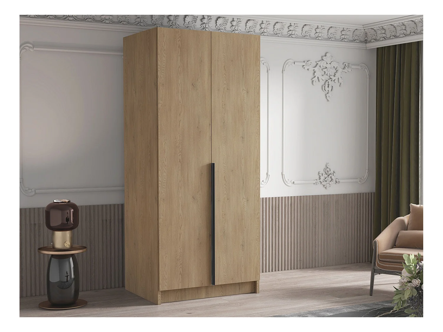 Armario Closico 195, Luminoso madera|Negro, 215x100x58cm