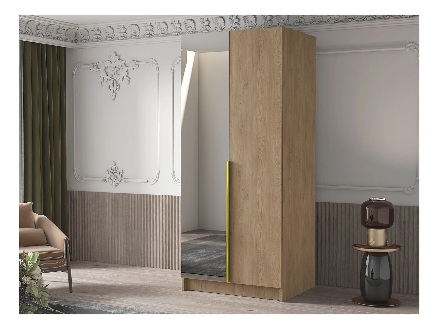 Armoire Closico 194, Clair bois|Doré, 215x100x58cm, Portes d'armoire: Avec des charnières