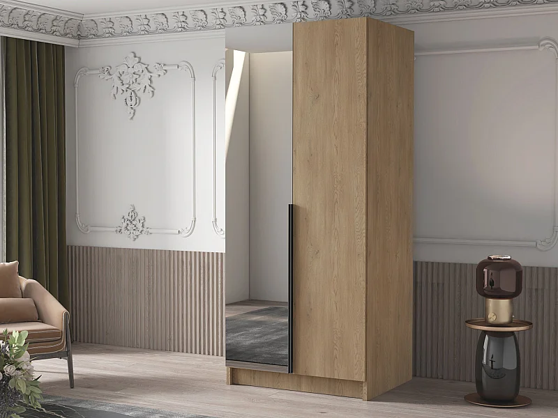 Armoire Closico 194, Clair bois|Noir, 215x100x58cm, Portes d'armoire: Avec des charnières