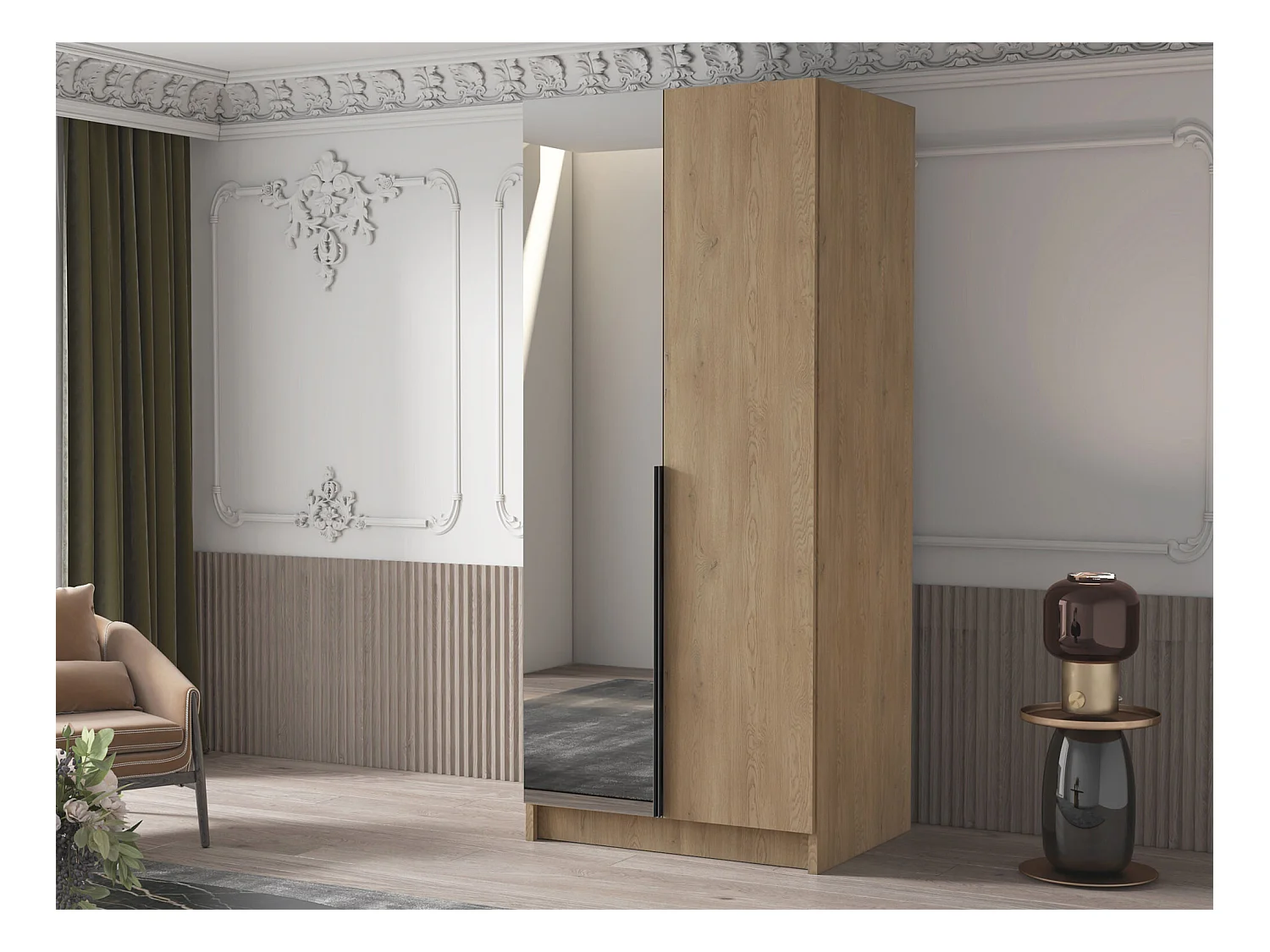 Armoire Closico 194, Clair bois|Noir, 215x100x58cm, Portes d'armoire: Avec des charnières