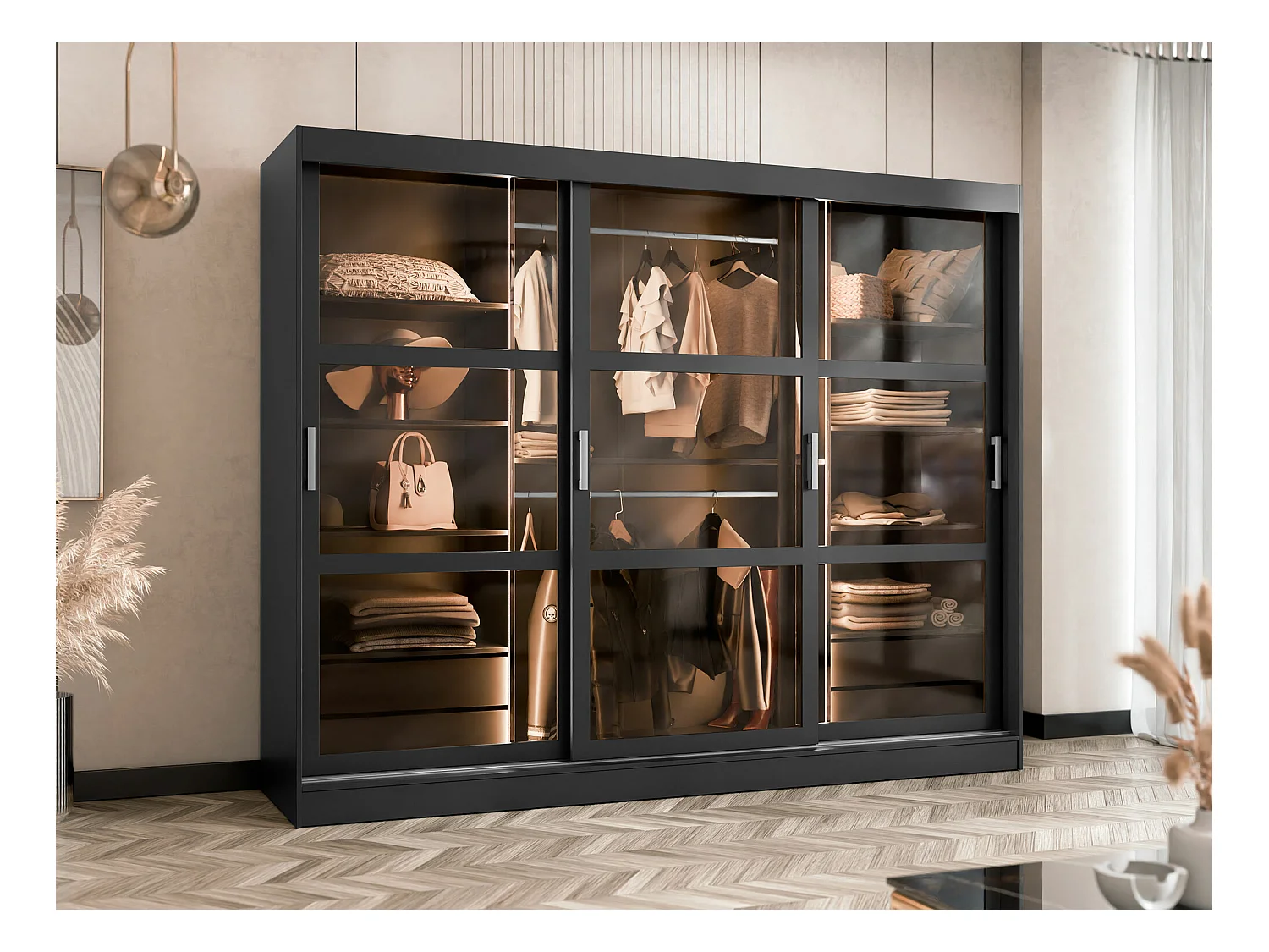 Armoire Comfivo 428, Noir, 203x250x65cm, Portes d'armoire: Coulissantes