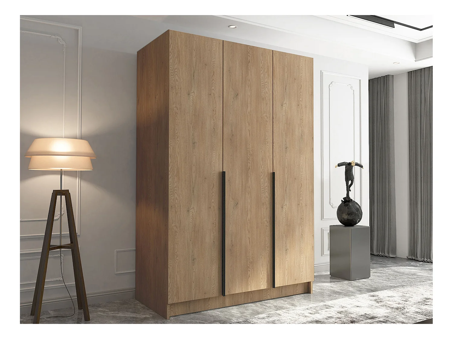 Armoire Closico 198, Noir|Clair bois, 215x150x58cm, Portes d'armoire: Avec des charnières