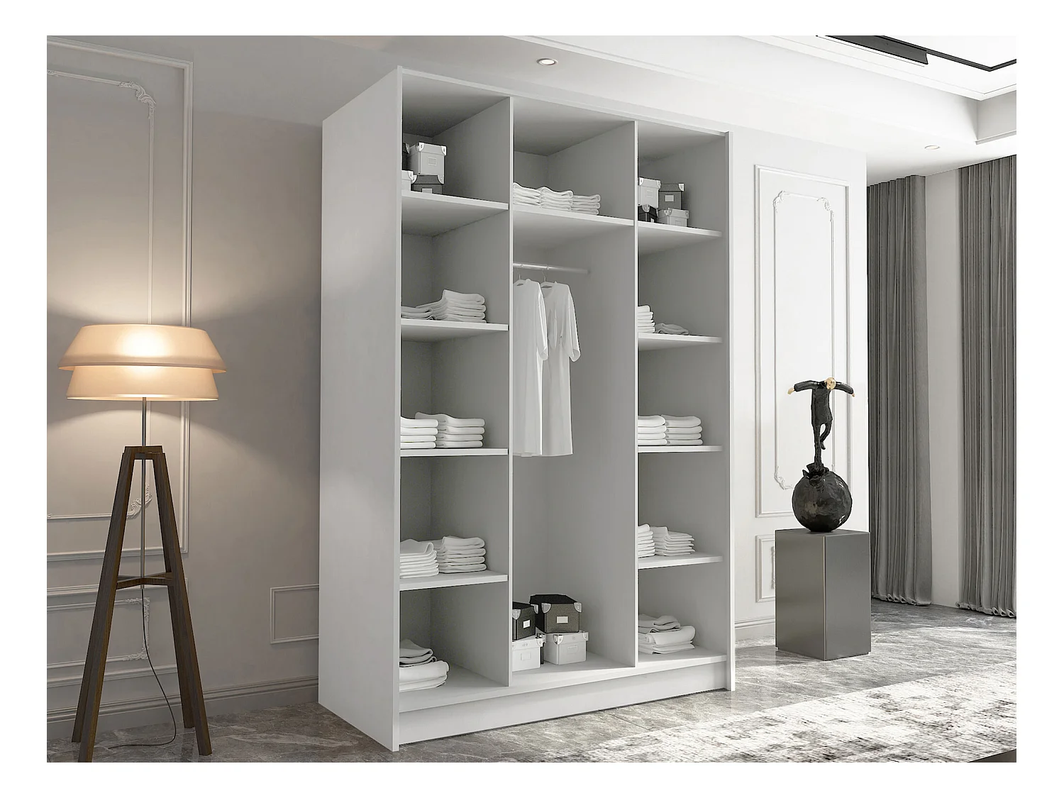 Armoire Closico 198, Noir|Clair bois, 215x150x58cm, Portes d'armoire: Avec des charnières