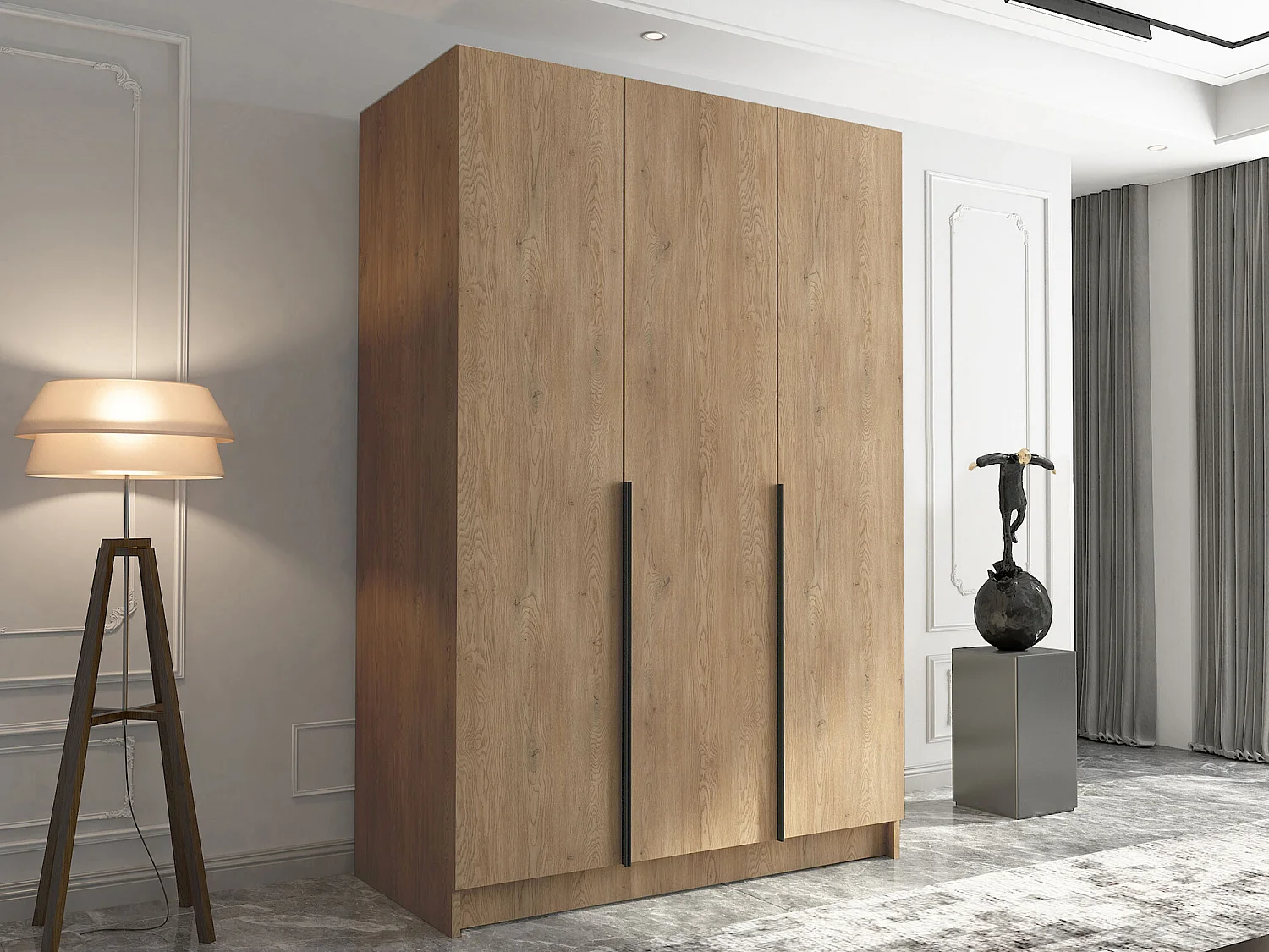 Armoire Closico 198, Clair bois|Noir, 215x150x58cm, Portes d'armoire: Avec des charnières