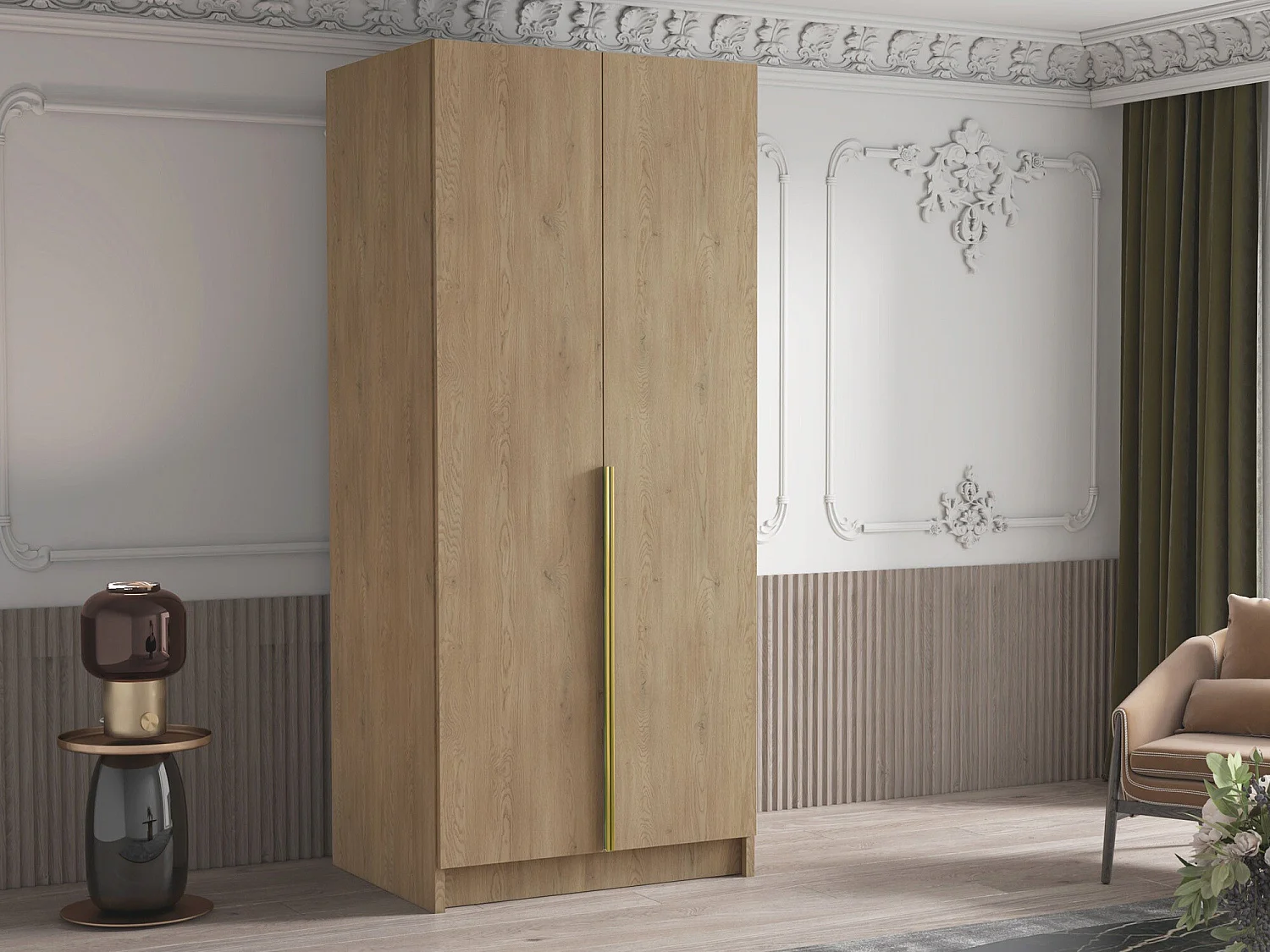 Armoire Closico 195, Doré|Clair bois, 215x100x58cm, Portes d'armoire: Avec des charnières