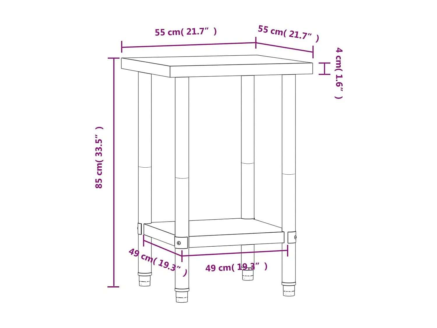 Table de travail de cuisine 55x55x85 cm acier inoxydable