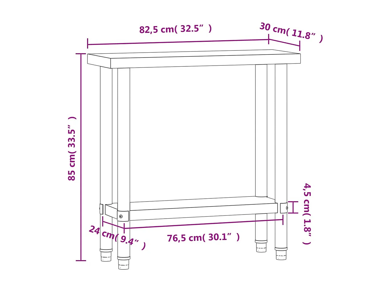 Mesa de trabajo de cocina 82,5x30x85 cm acero inoxidable