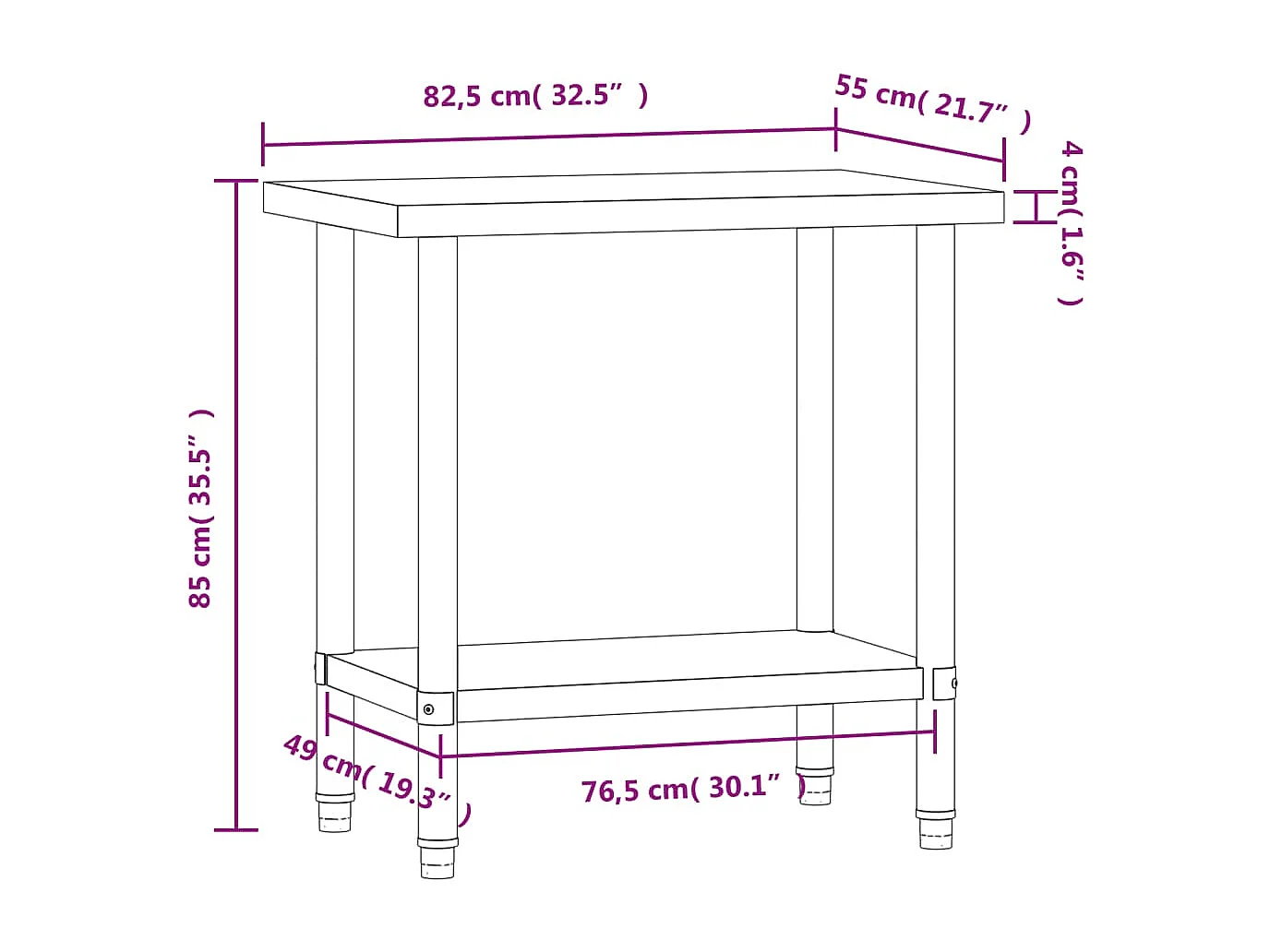 Table de travail de cuisine 82,5x55x85 cm acier inoxydable