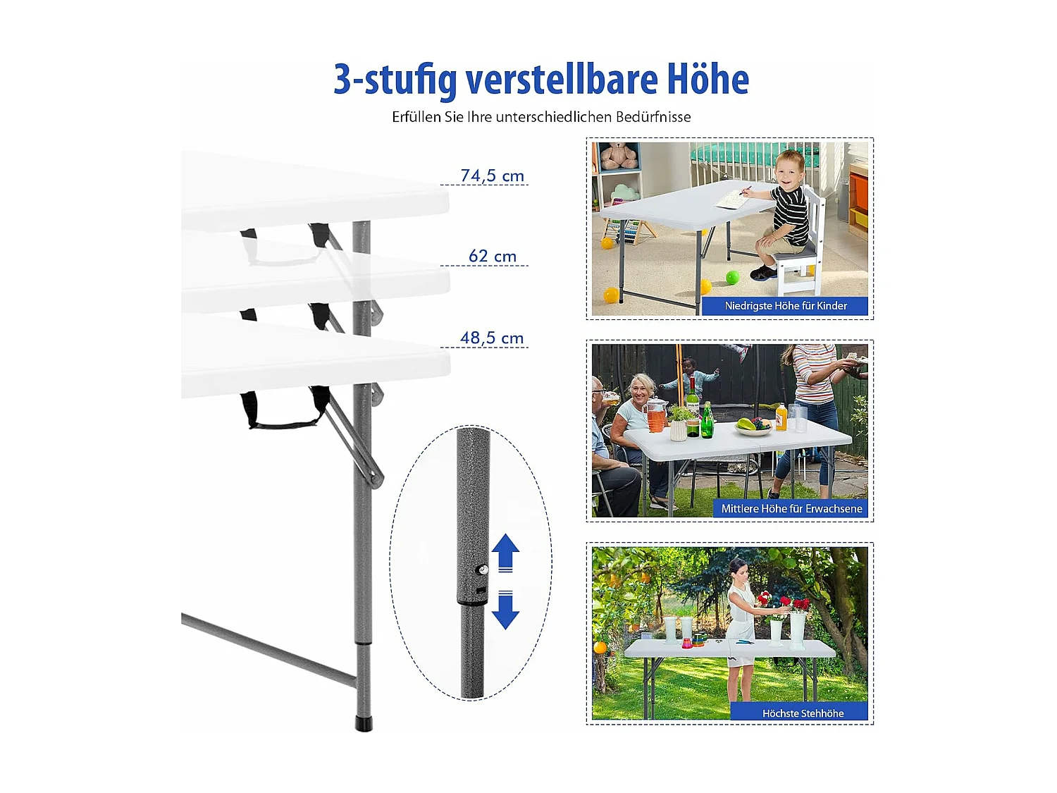 Campingtafel in hoogte verstelbaar, draagbare klaptafel, inklapbare tuintafel met handgreep, voor camping, bruiloft, feest, 120 x 60 x 74,5 cm