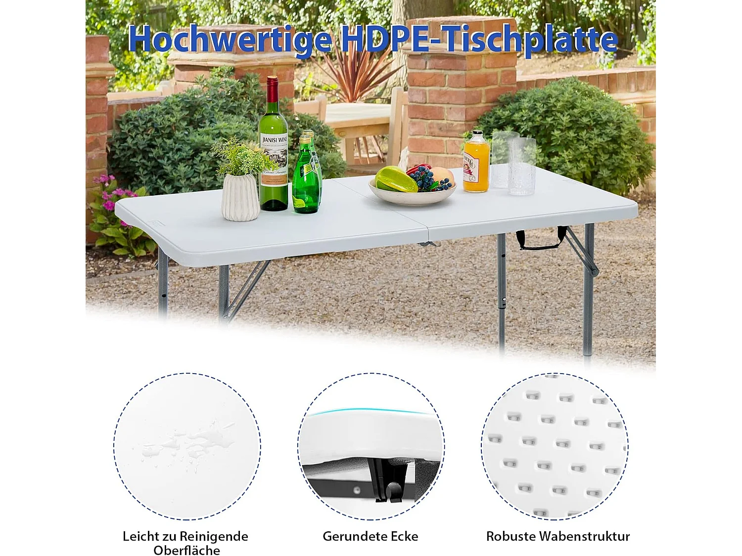 Campingtafel in hoogte verstelbaar, draagbare klaptafel, inklapbare tuintafel met handgreep, voor camping, bruiloft, feest, 120 x 60 x 74,5 cm