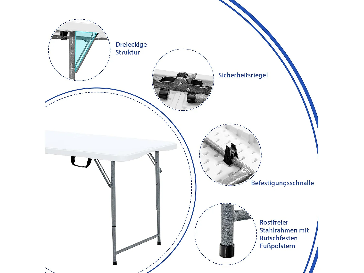 Campingtafel in hoogte verstelbaar, draagbare klaptafel, inklapbare tuintafel met handgreep, voor camping, bruiloft, feest, 120 x 60 x 74,5 cm