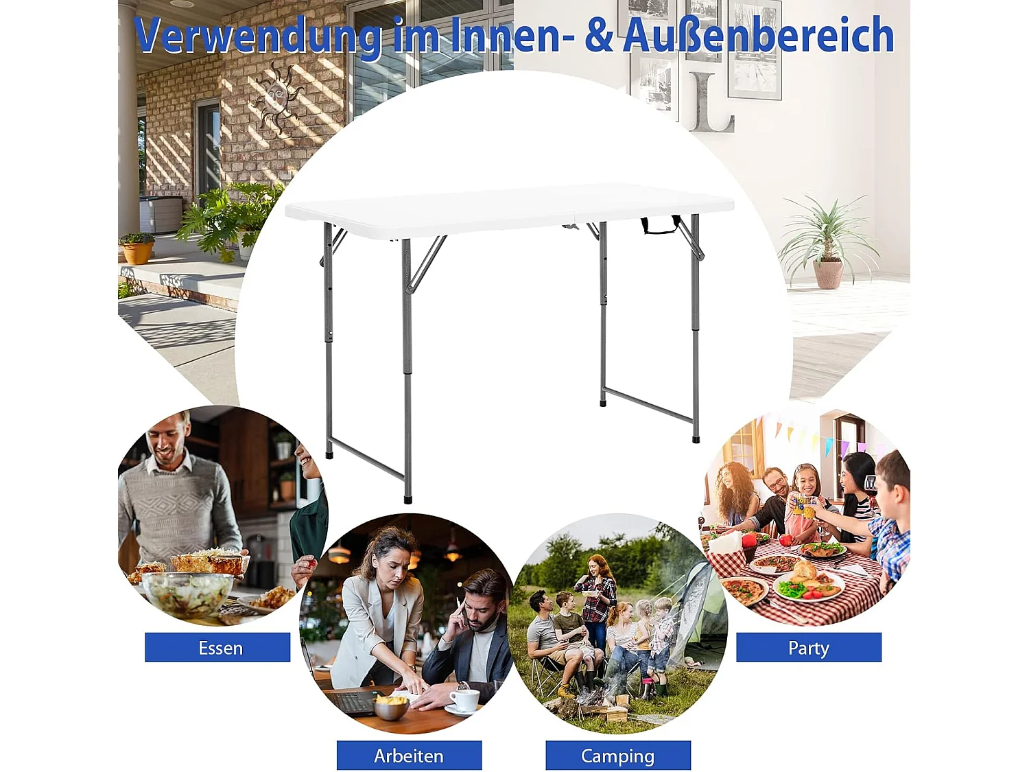 Campingtafel in hoogte verstelbaar, draagbare klaptafel, inklapbare tuintafel met handgreep, voor camping, bruiloft, feest, 120 x 60 x 74,5 cm