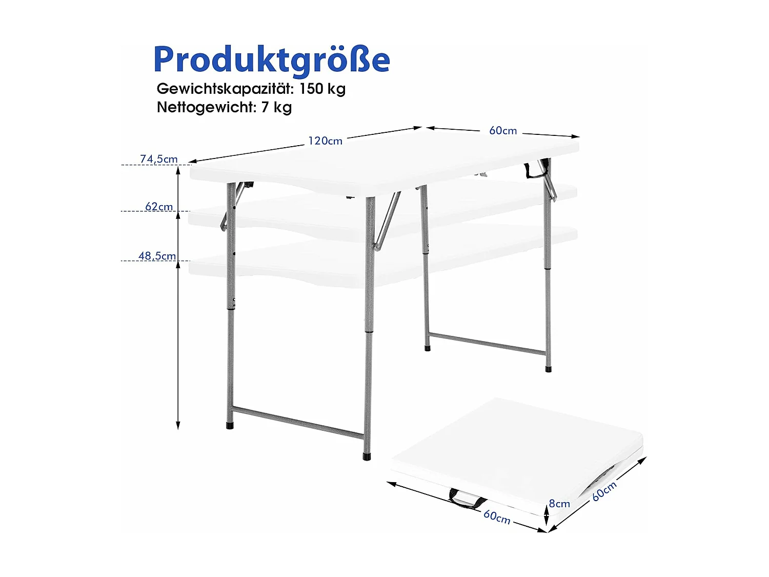Campingtafel in hoogte verstelbaar, draagbare klaptafel, inklapbare tuintafel met handgreep, voor camping, bruiloft, feest, 120 x 60 x 74,5 cm