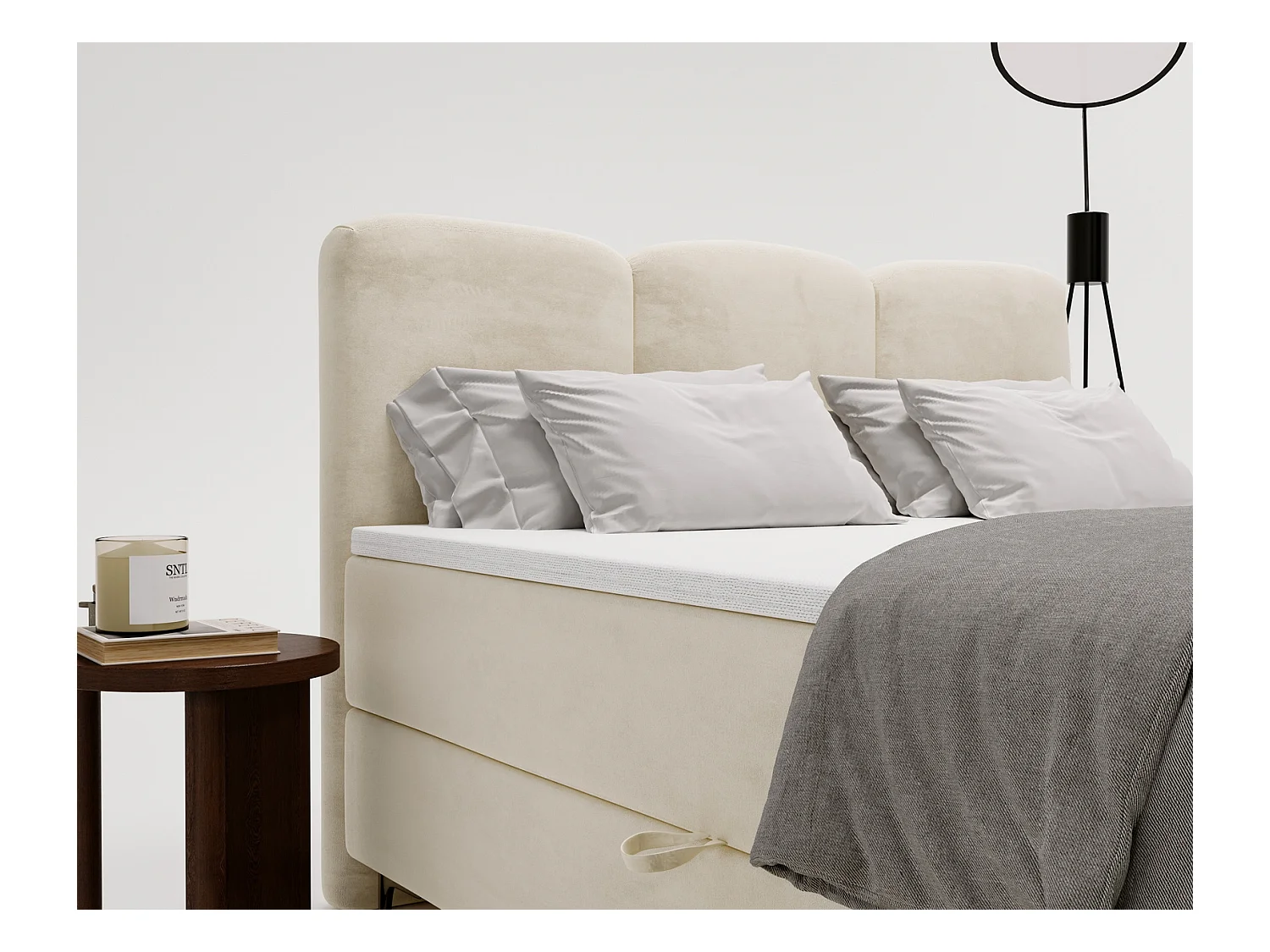 Emporius Malaga Box łóżko kontynentalne z topperem 180x200 - łóżko z dwoma pojemnikami i materacem H3, tkanina aksamitna, beżowy (Magic Velvet 2201)