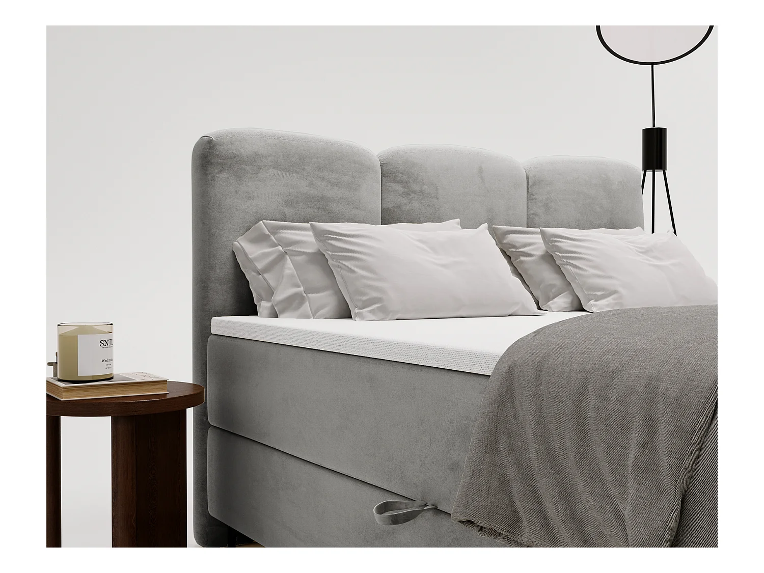 Emporius Malaga Box łóżko kontynentalne z topperem 180x200 - łóżko z dwoma pojemnikami i materacem H3, tkanina aksamitna, szary (Magic Velvet 2217)