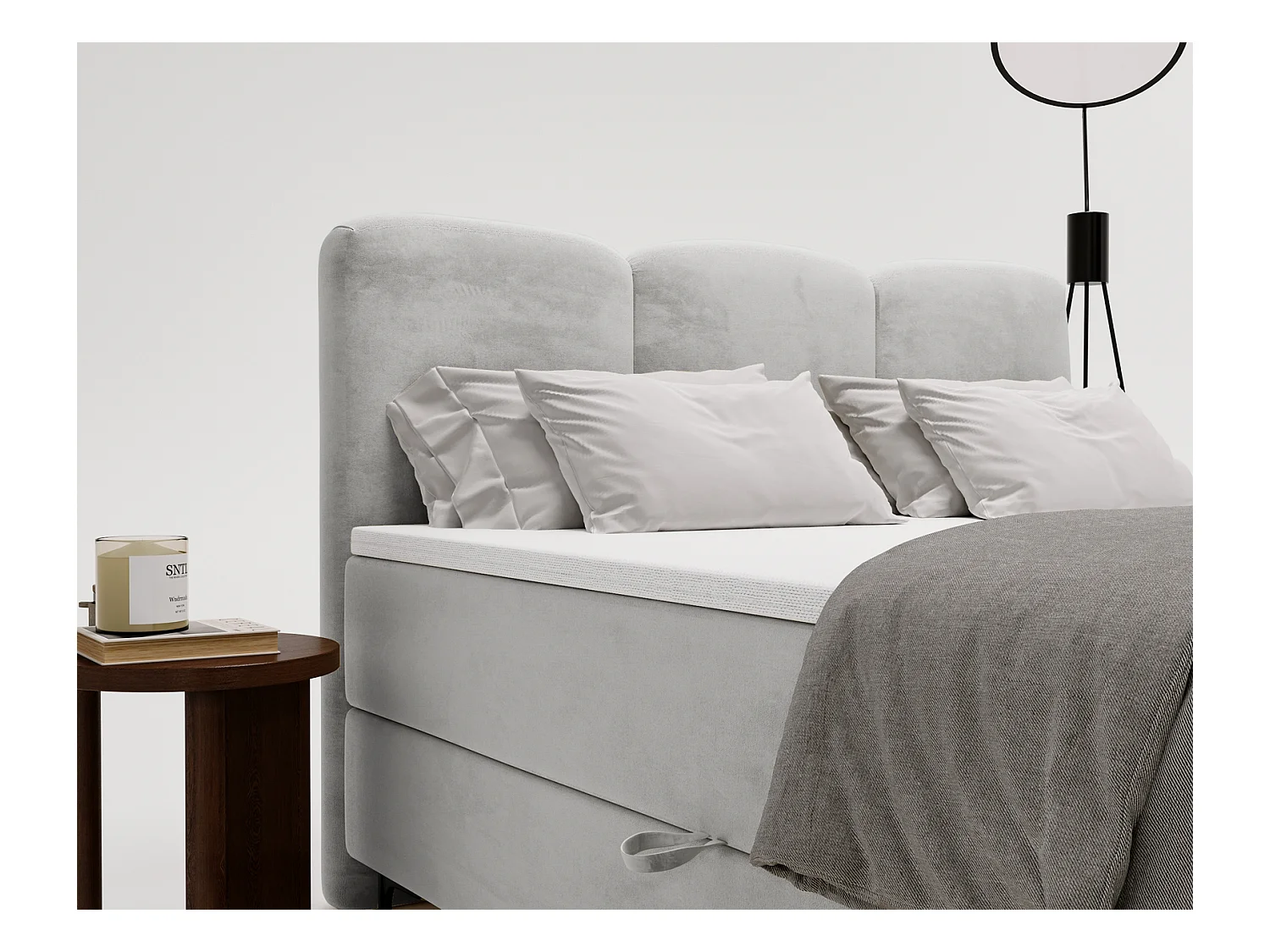Emporius Malaga Box łóżko kontynentalne z topperem 160x200 - łóżko z dwoma pojemnikami i materacem H3, tkanina aksamitna, jasny szary (Magic Velvet 2218)