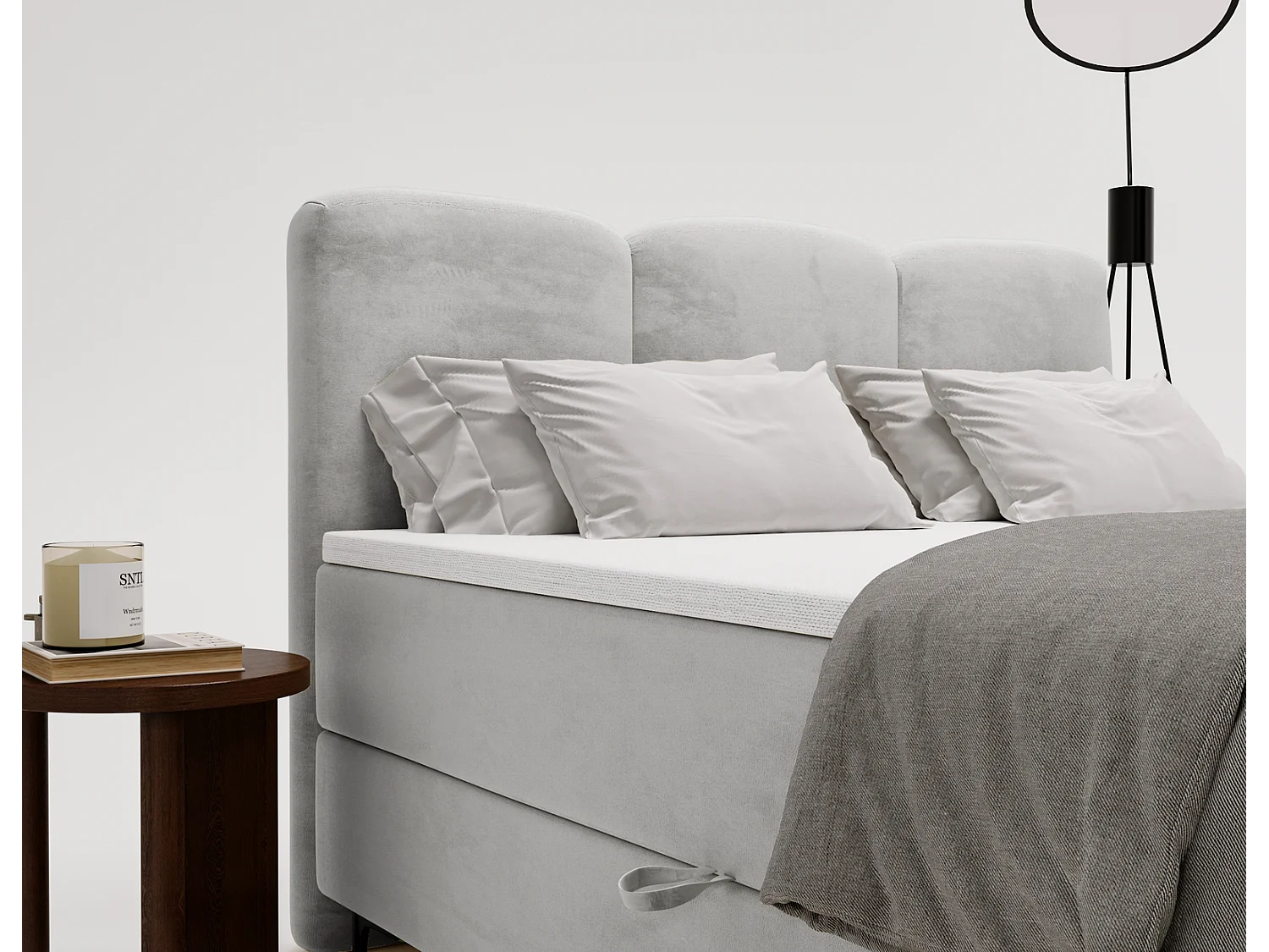 Emporius Malaga Box łóżko kontynentalne z topperem 160x200 - łóżko z dwoma pojemnikami i materacem H3, tkanina aksamitna, jasny szary (Magic Velvet 2218)