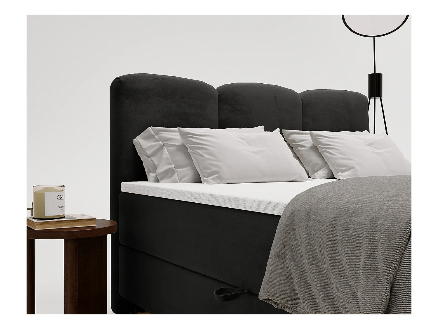 Emporius Malaga Box łóżko kontynentalne z topperem 140x200 - łóżko z dwoma pojemnikami i materacem H3, tkanina aksamitna, czarny (Magic Velvet 2219)