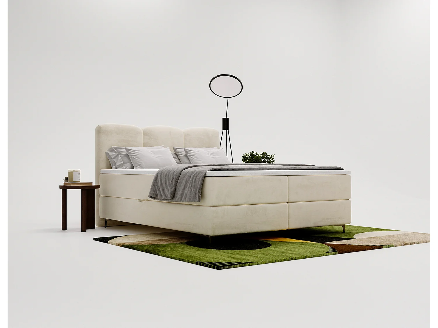 Emporius Malaga Box łóżko kontynentalne z topperem 160x200 - łóżko z dwoma pojemnikami i materacem H3, tkanina aksamitna, beżowy (Magic Velvet 2201)