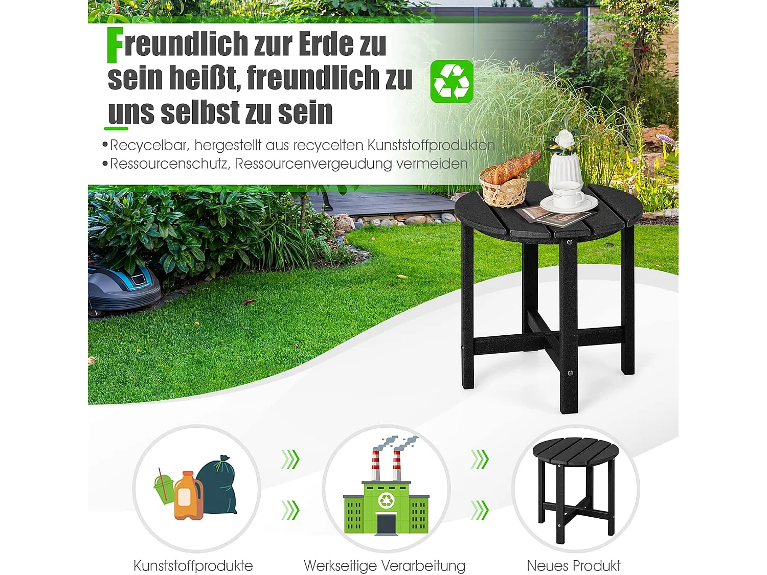 Bijzettafel kleine tuintafel van UV-bestendige kunststof balkontafel weerbestendig voor terras balkon tuin 46 x 46 x 46 cm zwart ZB32162