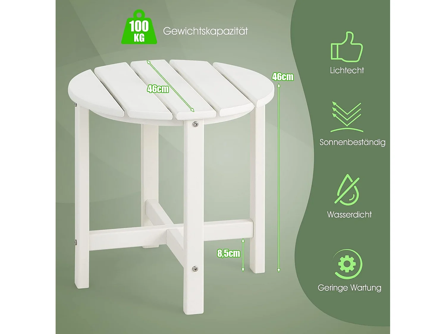 Bijzettafel, kleine tuintafel van uv-bestendig kunststof, balkontafel, weerbestendig, voor terras, balkon, tuin, 46 x 46 x 46 cm, wit ZB32162