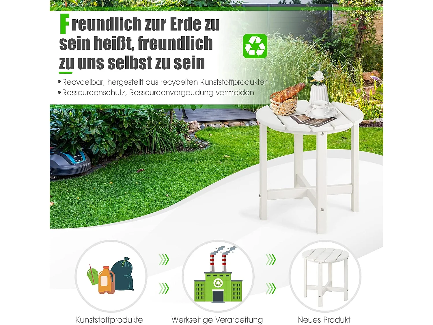 Bijzettafel, kleine tuintafel van uv-bestendig kunststof, balkontafel, weerbestendig, voor terras, balkon, tuin, 46 x 46 x 46 cm, wit ZB32162