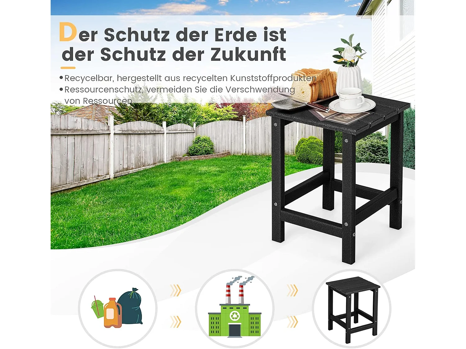 Bijzettafel kleine tuintafel van UV-bestendige kunststof balkontafel weerbestendig voor terras balkon tuin 35,5 x 35,5 x 46,5 cm zwart ZB32151