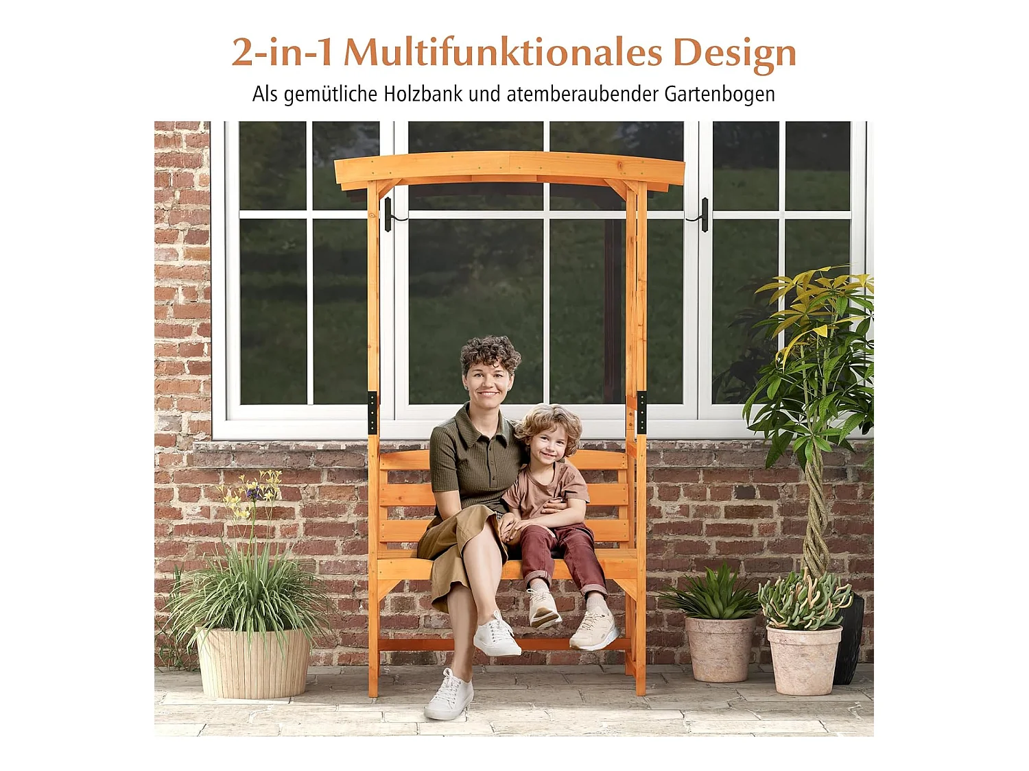 Rozenboog met bank, houten boog voor klimplanten, 2-zits tuinbank met klimhulp, zitbank met rankrooster, klimboog voor tuin, 120 x 58 x 189 cm ZB33820